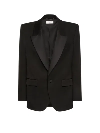 Saint Laurent Tuxedo Wool Blazer With Satin Lapel In Black