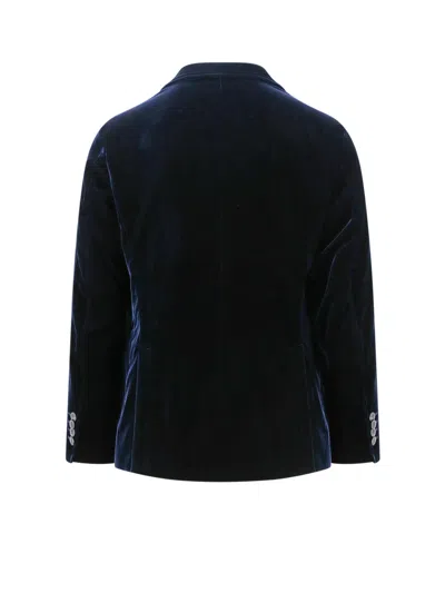 Giorgio Armani Velvet Blazer With Button Detailing And Wide Lapel In Blue