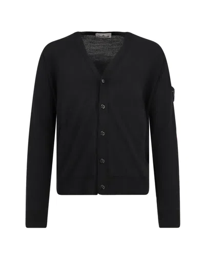 Stone Island Cardigan In Lana Vergine In Black