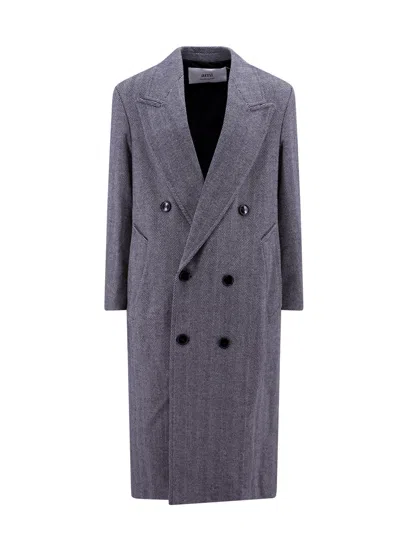 Ami Alexandre Mattiussi Ami Virgin Wool Coat With Herringbone Motif In Gray
