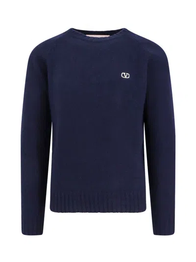 Valentino Shetland Wool Crewneck Jumper With Vlogo Embroidery In Blue