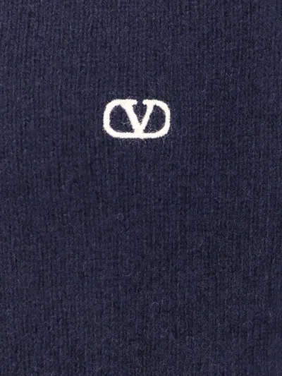 Valentino Shetland Wool Crewneck Jumper With Vlogo Embroidery In Blue
