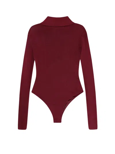 Self-portrait Bordeaux Viscose Bodysuit With Classic Collar In Red
