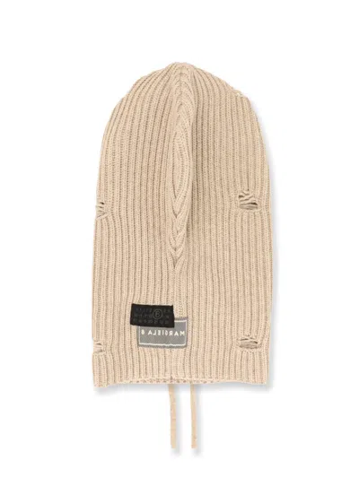 Mm6 Maison Margiela Wool Blend Balaclava With Distressed Effect In Neutral