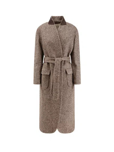 Brunello Cucinelli Wool Blend Coat Featuring Belted Waist In Gray