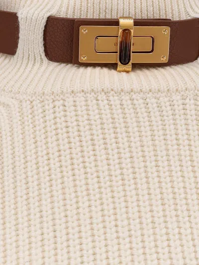 Elisabetta Franchi Ribbed High Neck Tricot Sweater In White
