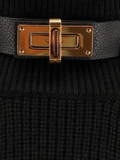 Elisabetta Franchi Ribbed Leather-trimmed Turtleneck Sweater In Black