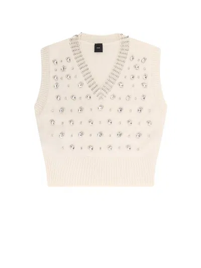Pinko White Rhinestone Knitted Vest In Neutral