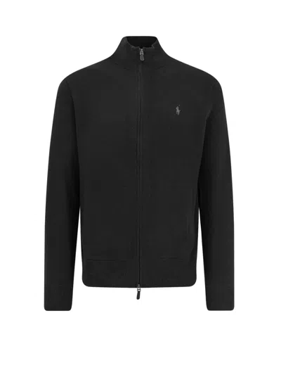 Polo Ralph Lauren Black Cardigan With High Neck And Pony Embroidery On The Front In Wool Man In Black