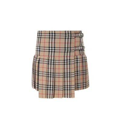 Burberry Pleated Wool Skirt In Archive Beige In Multi