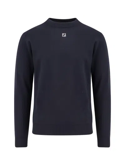 Fendi Wool Sweater With Ff Metal Logo In Blue