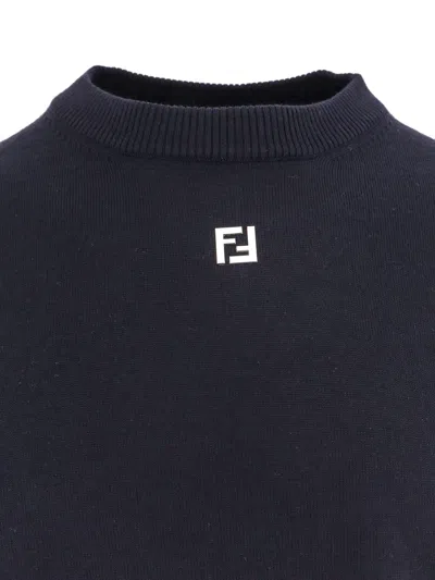 Fendi Wool Sweater With Ff Metal Logo In Blue