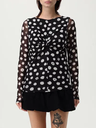 Liu •jo Crewneck Polka Dots Ruched Twist Front Top In Black