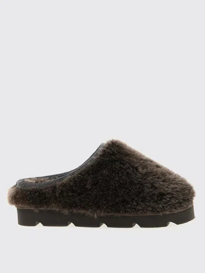 Brunello Cucinelli Round Toe Faux Fur Flat Sole Sandals In Brown