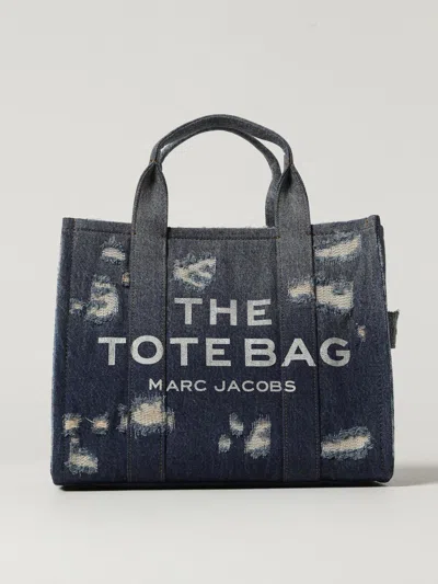 Marc Jacobs Distressed Denim Tote With Bold Lettering In Blue