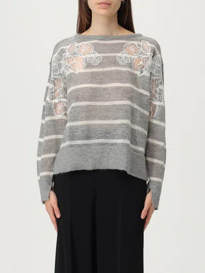 Twinset Twin-set Relaxed Grey Knit Sweater With Floral Embroidery In Multi