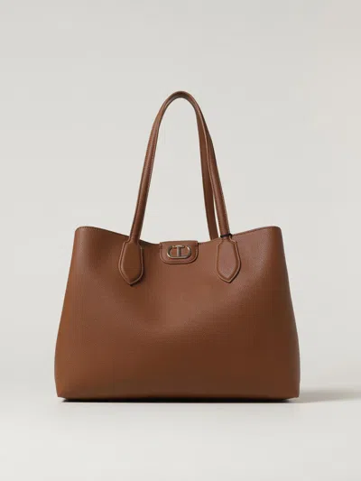 Twinset Structured Tote Bag With Smooth Pebbled Texture And Metallic Detail In Brown