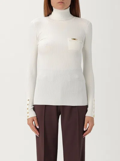 Elisabetta Franchi White Turtleneck Sweater With Logo Plaque On The Front In Silk Blend Woman In White