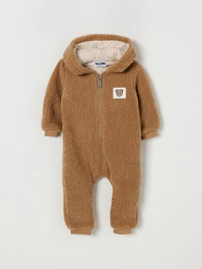 Moschino Kids One-piece Suit With Faux Fur Hood In Brown