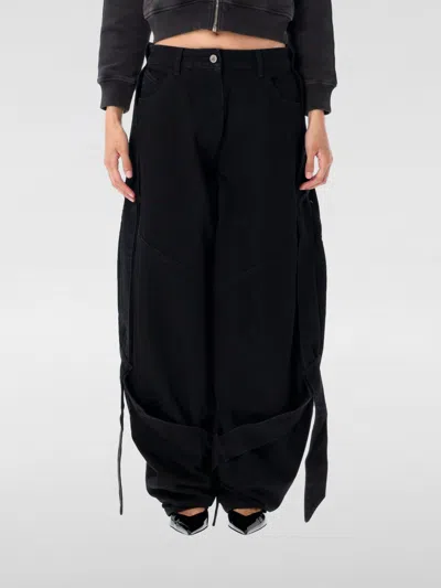 Attico Wide Leg Denim Trousers With Strap And Pockets In Black