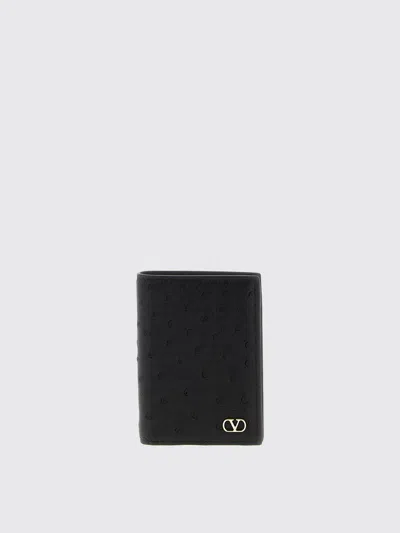 Valentino Garavani Ostrich Leather Cardholder With Vlogo Signature In Black