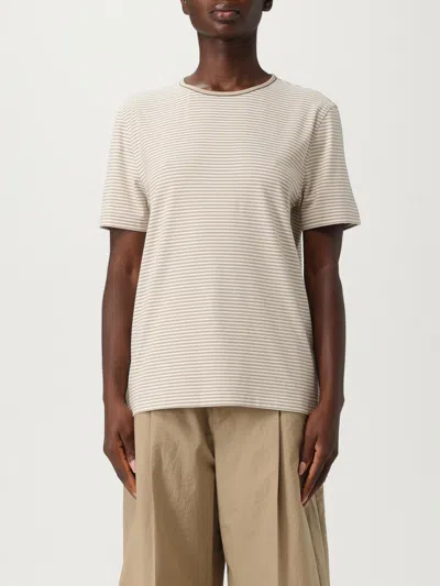 Brunello Cucinelli Striped Crew Neck T-shirt With Keyhole Detail In Neutral