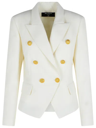Balmain Double-breasted Structured Denim Blazer With Peak Lapel In White