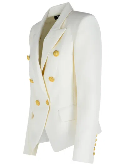 Balmain Double-breasted Structured Denim Blazer With Peak Lapel In White