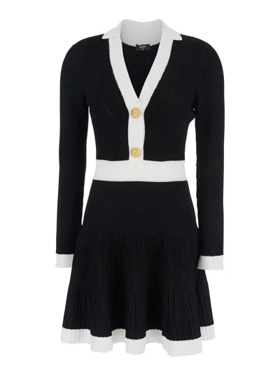 Balmain Long Sleeves V-neck Flare Knit Dress In Black