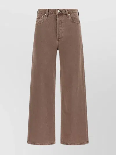 Agolde Wide Leg Denim Trousers With Front And Back Pockets In Brown