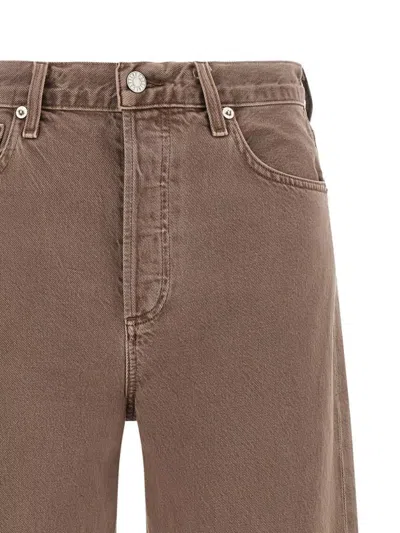 Agolde Wide Leg Denim Trousers With Front And Back Pockets In Brown