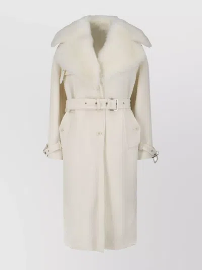 Ermanno Scervino Single-breasted Midi Tailored Coat With Belt And Collar In Real Sheepskin Fur In White
