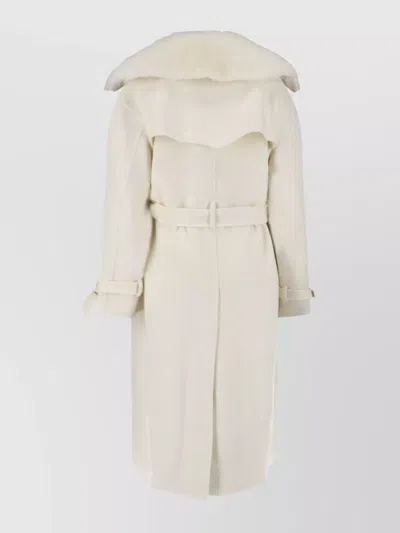 Ermanno Scervino Single-breasted Midi Tailored Coat With Belt And Collar In Real Sheepskin Fur In White