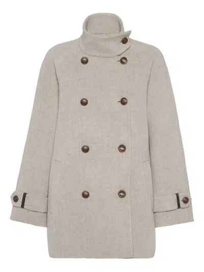 Brunello Cucinelli Virgin Wool And Cashmere Peacoat In Double Cloth With Shiny Cuff Details In Multi