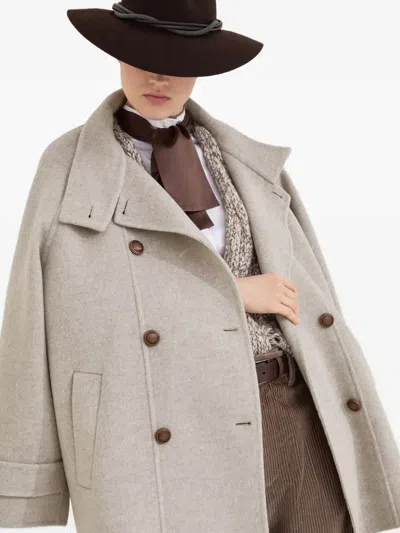 Brunello Cucinelli Virgin Wool And Cashmere Peacoat In Double Cloth With Shiny Cuff Details In Multi