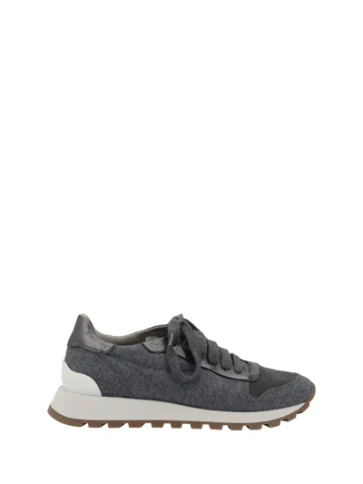 Brunello Cucinelli Runners In Techno Fabric And Calfskin With Precious Trim In Gray