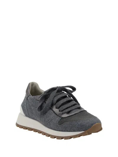 Brunello Cucinelli Runners In Techno Fabric And Calfskin With Precious Trim In Gray
