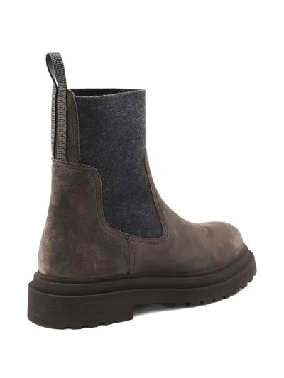 Brunello Cucinelli Women Suede Boot With Knitted Insert And Precious Loop Detail In Brown