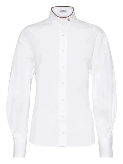 Brunello Cucinelli Stretch Cotton Poplin Shirt With Shiny Collar Detail In White