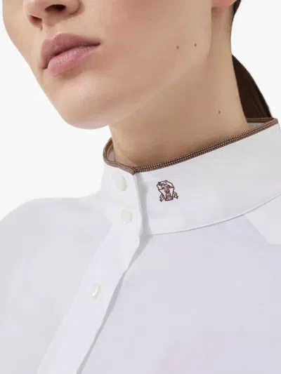 Brunello Cucinelli Stretch Cotton Poplin Shirt With Shiny Collar Detail In White