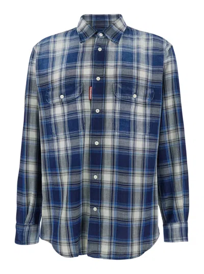 Dsquared2 Checked Pattern Shirt With Pockets And Collar In Blue
