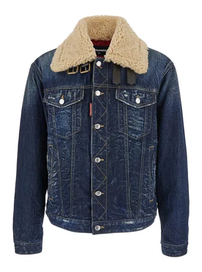 Dsquared2 Denim Aviator Jacket With Shearling Collar And Distressed Finish In Multi