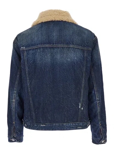 Dsquared2 Denim Aviator Jacket With Shearling Collar And Distressed Finish In Multi