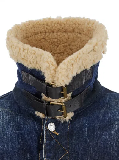 Dsquared2 Denim Aviator Jacket With Shearling Collar And Distressed Finish In Multi