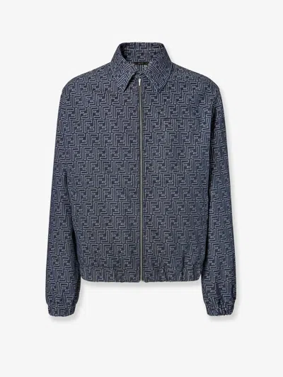 Fendi Embroidered Denim Bomber Jacket In Blue