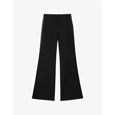 Sandro Womens Black Satin-stripe Flared-leg High-rise Wool-blend Trousers In Black