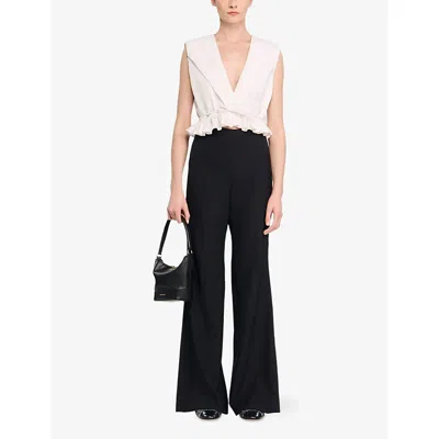 Sandro Womens Black Satin-stripe Flared-leg High-rise Wool-blend Trousers In Black