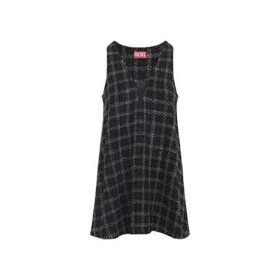Diesel Mini Dress Checked Pattern Sleeveless V-neckline In Blue