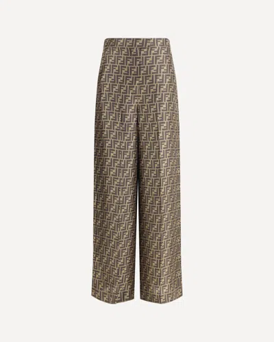 Fendi Women Monogram Pattern Silk Pants In Brown