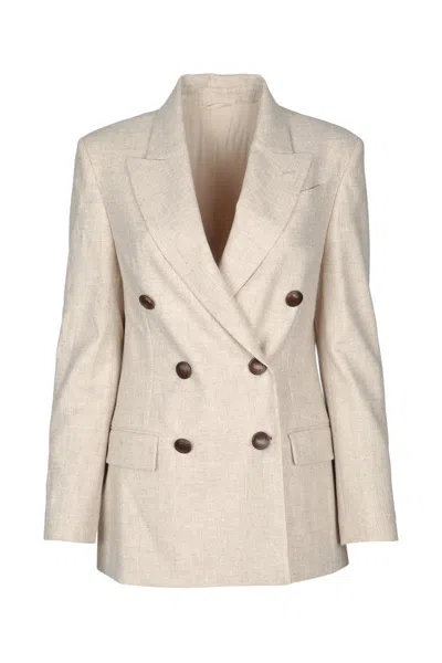 Brunello Cucinelli Double-breasted Jacket With Luxurious Cotton-wool Blend And Elegant Detailing In Neutral